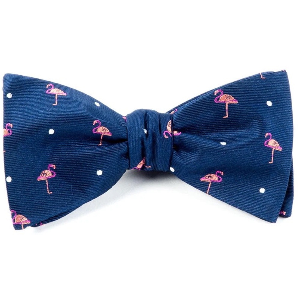The Tie Bar 100% Silk Pink Flamingo Navy Bow Tie EUC